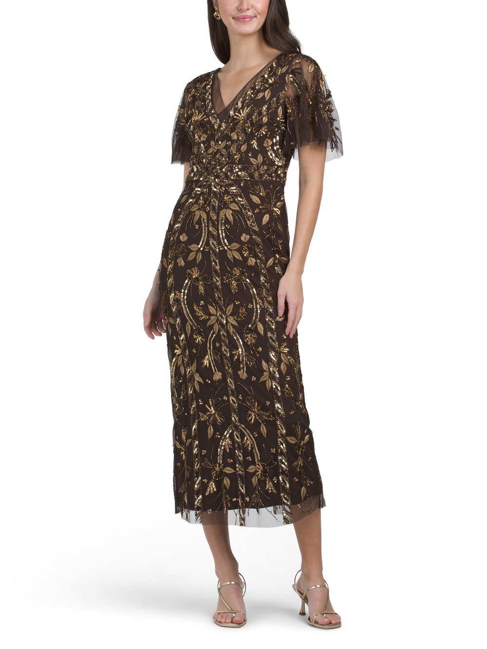 Adrianna papell Embellished Chocolate Brown Midi Dress with Gold Sequin Detail